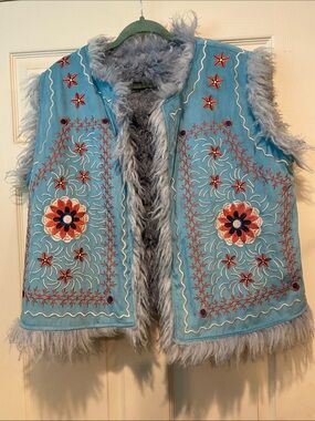 Embroidered Faux-Fur Lined Blue Vest
